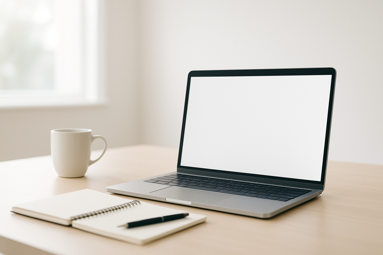 “A bright, minimal workspace with a modern desk, open laptop, notebook, pen, and a coffee mug, softly lit by natural daylight from a window. The background is slightly blurred, creating a clean and professional look while leaving enough empty space so text placed over it remains readable.”