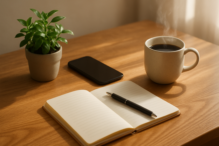 A bright wooden desk with a small plant, smartphone, and notebook beside a cup of coffee — symbolizing natural, approachable, stress-free support.